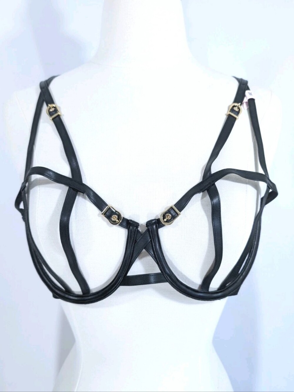 Victoria's Secret Very Sexy Faux Leather Bra Large New Open Cup Buckles Black VS